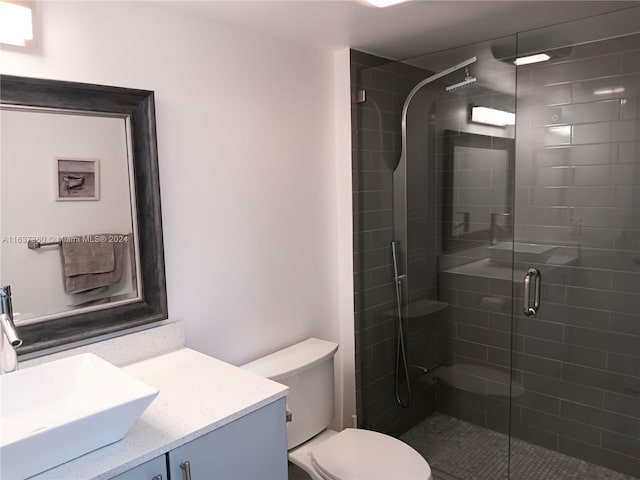 bathroom featuring toilet, vanity, and an enclosed shower