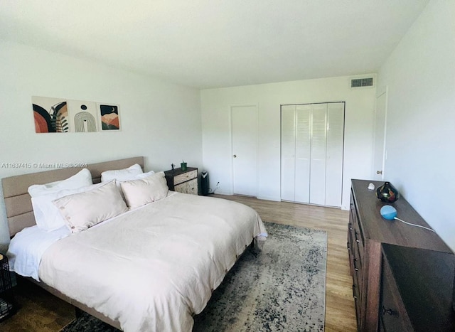 bedroom with light wood-type flooring and a closet