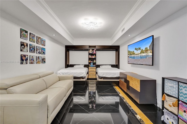 living room featuring a raised ceiling, dark tile patterned floors, and crown molding