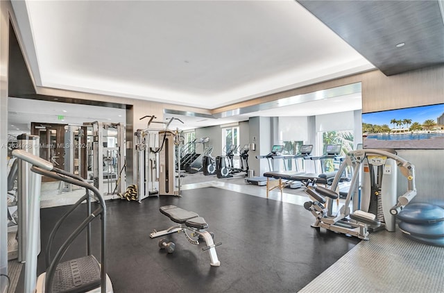 gym with a raised ceiling