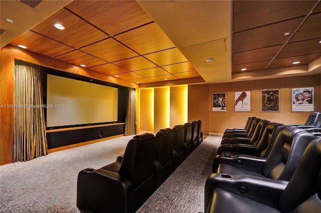 carpeted cinema featuring visible vents, wood ceiling, and recessed lighting