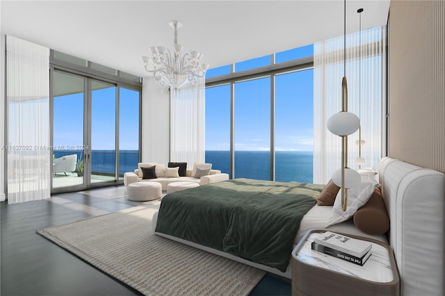 bedroom with access to exterior, a chandelier, a wall of windows, and a water view