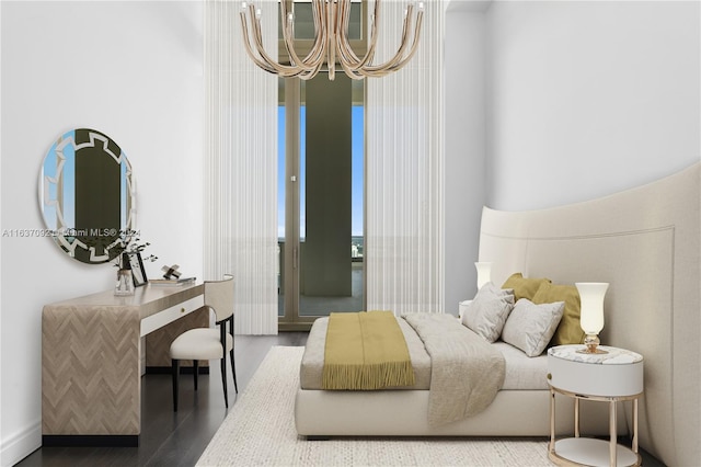 bedroom featuring an inviting chandelier and wood-type flooring