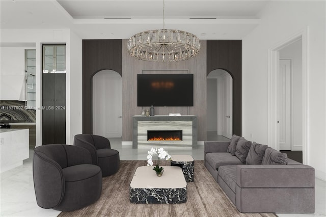 living room with a chandelier