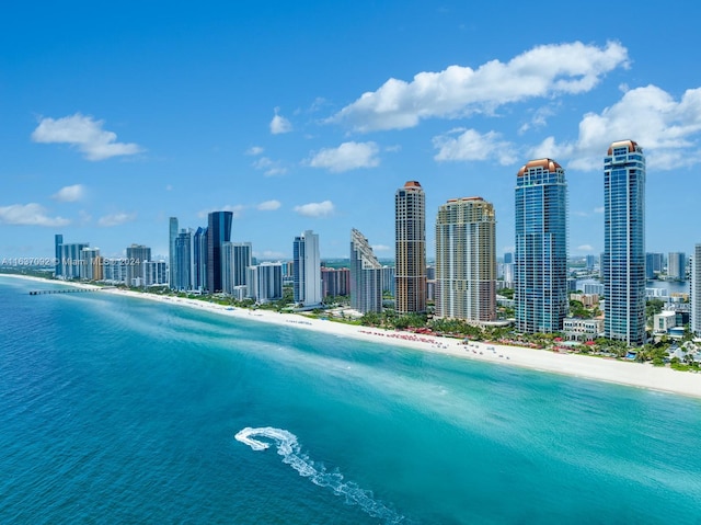 drone / aerial view with a beach view and a water view