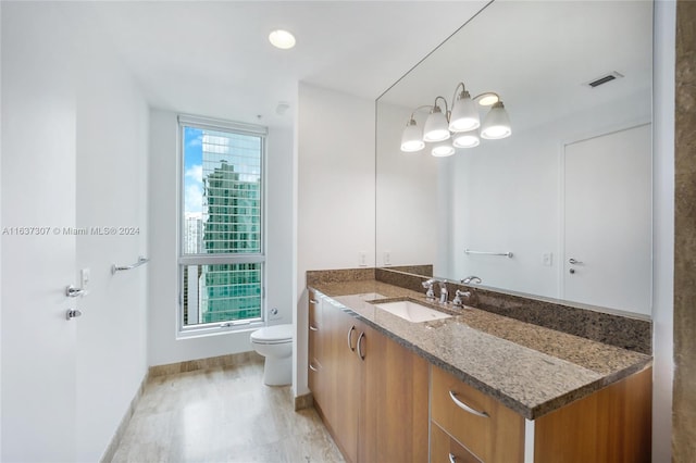 bathroom featuring hardwood / wood-style floors, vanity, and toilet