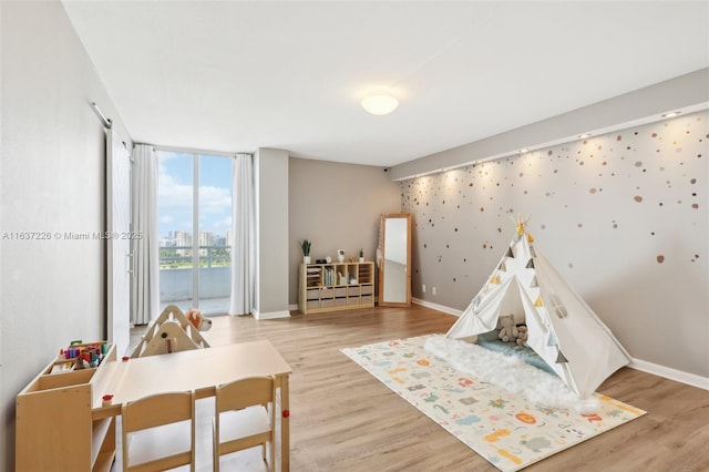 rec room with floor to ceiling windows and light wood-type flooring