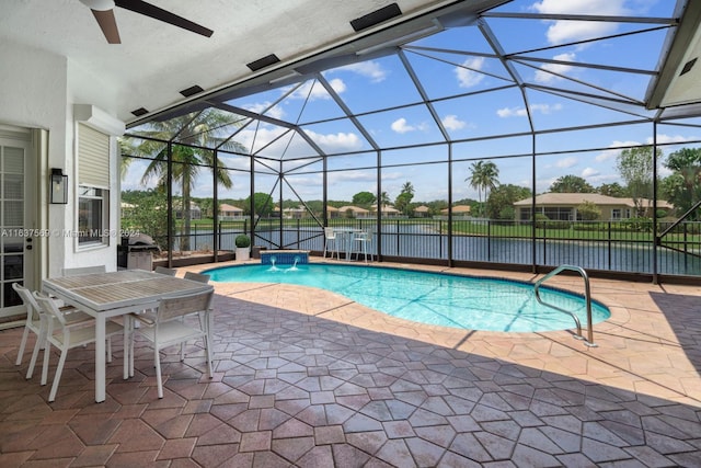 view of pool with a fenced in pool, a patio, a water view, glass enclosure, and a grill