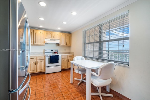 kitchen featuring stainless steel fridge, light tile patterned flooring, light brown cabinetry, ornamental molding, and electric range