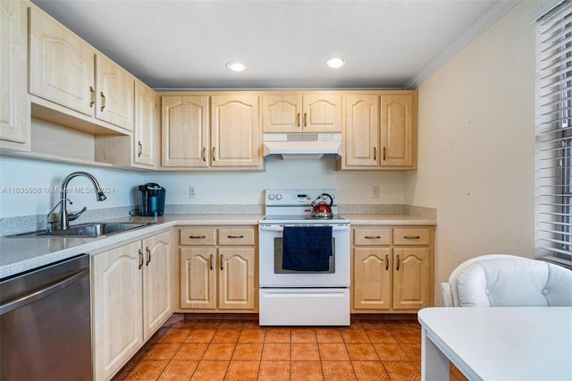 kitchen with light brown cabinets, white electric range oven, ornamental molding, sink, and dishwasher