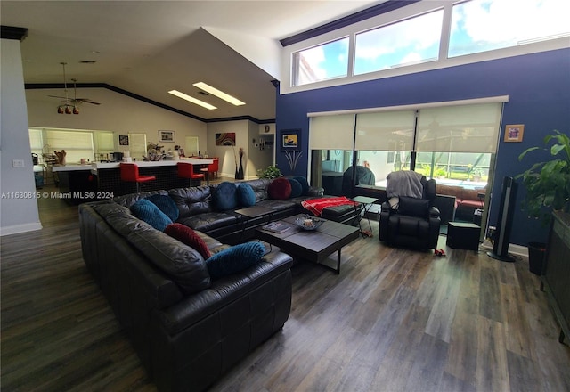 living room with lofted ceiling, dark wood-type flooring, and ceiling fan