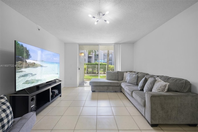 tiled living room with a textured ceiling