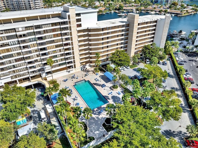 birds eye view of property featuring a water view