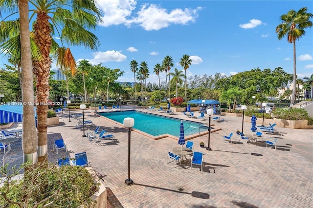 view of swimming pool featuring a patio area