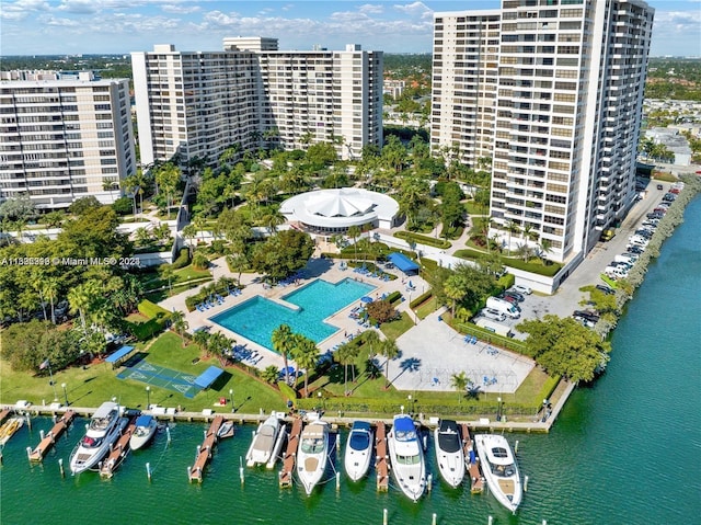 aerial view featuring a water view