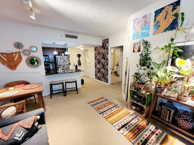 interior space featuring ornamental molding, light carpet, and a textured ceiling