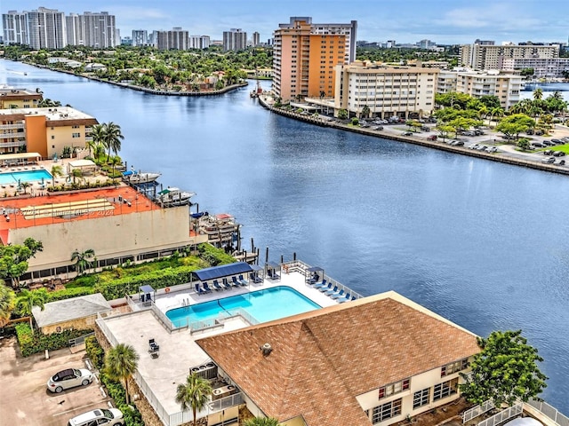 aerial view featuring a water view