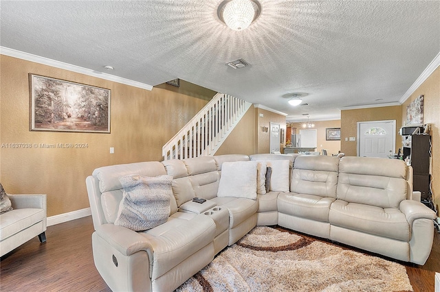 living room with hardwood / wood-style flooring, crown molding, and a textured ceiling