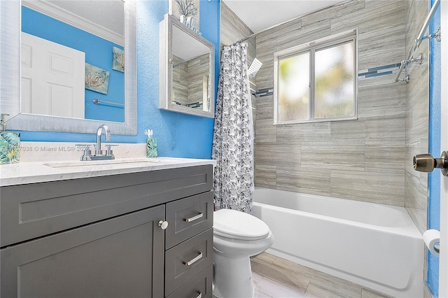 full bathroom with crown molding, tile patterned floors, toilet, shower / tub combo with curtain, and vanity