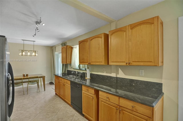 kitchen featuring dishwasher, sink, stainless steel fridge, decorative light fixtures, and light tile patterned floors