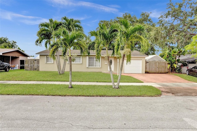 single story home with a garage and a front lawn