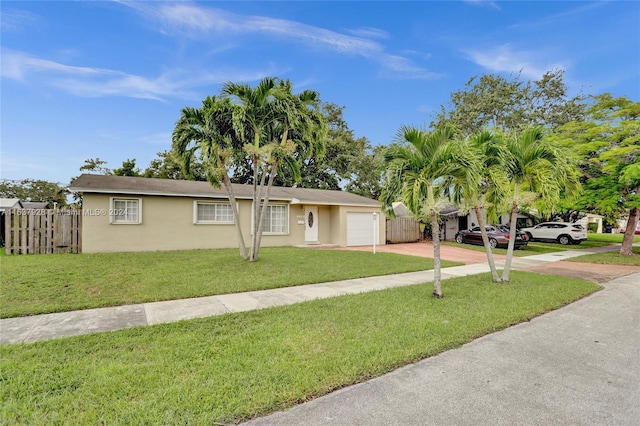 single story home featuring a front yard and a garage