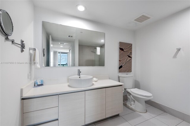 full bath with visible vents, toilet, recessed lighting, tile patterned flooring, and vanity