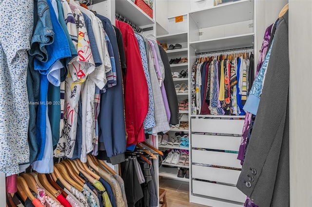 walk in closet with wood-type flooring