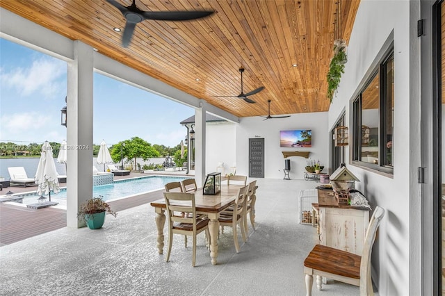 view of patio / terrace with ceiling fan and a fenced in pool