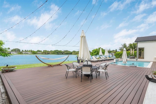 deck featuring a water view