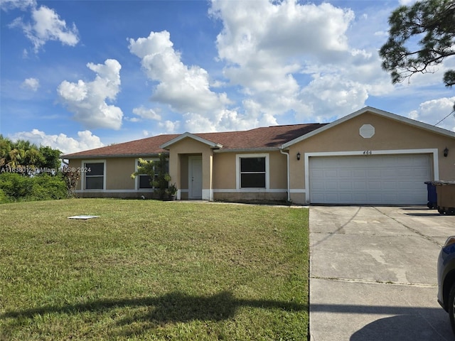 ranch-style house with a front yard and a garage