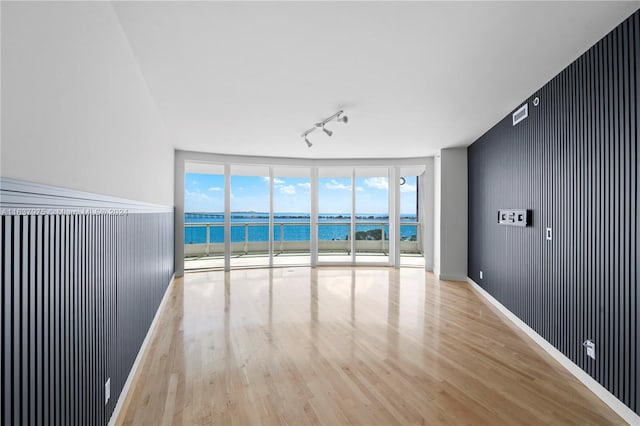 spare room featuring track lighting, light hardwood / wood-style flooring, a water view, and plenty of natural light