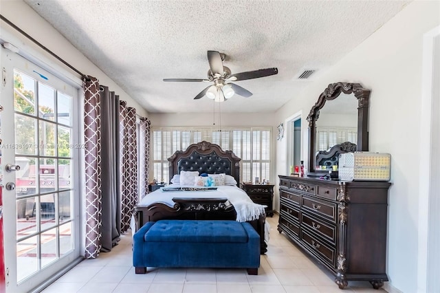 bedroom featuring ceiling fan, a textured ceiling, and access to outside