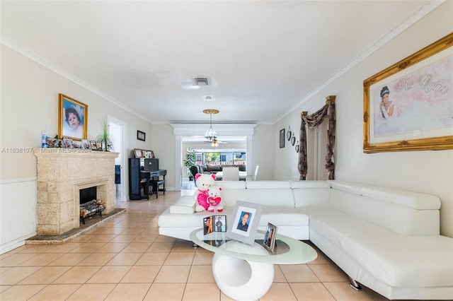 tiled living room with ornamental molding