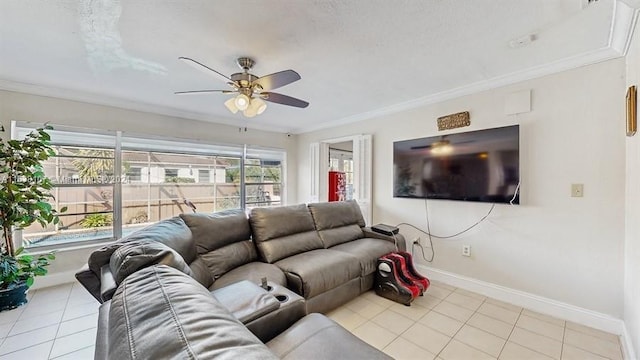 tiled living room featuring crown molding and ceiling fan