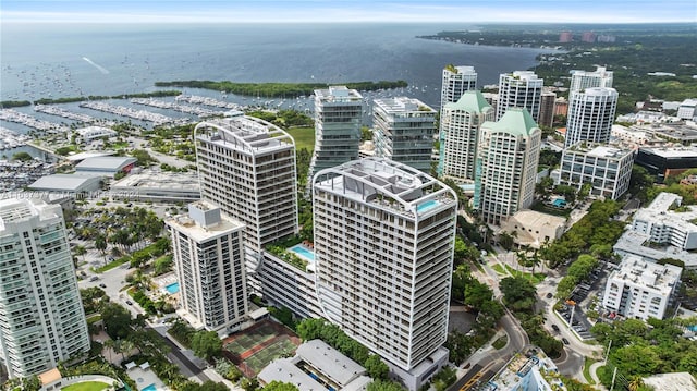 drone / aerial view with a water view