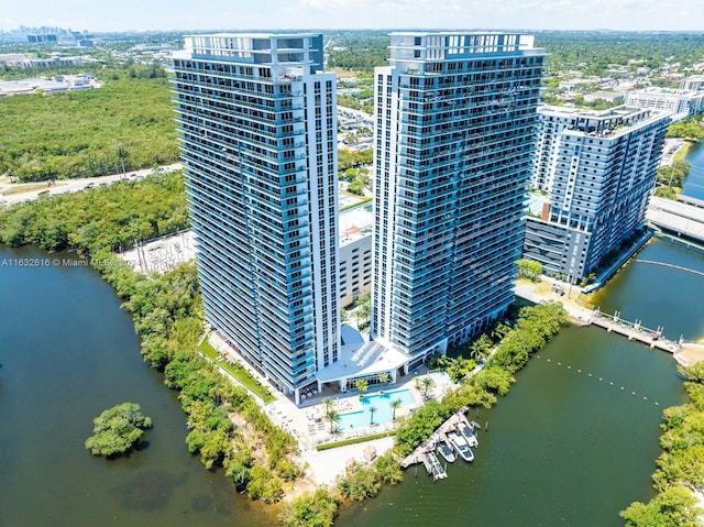 aerial view featuring a water view