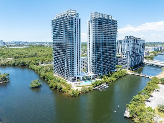 birds eye view of property with a water view