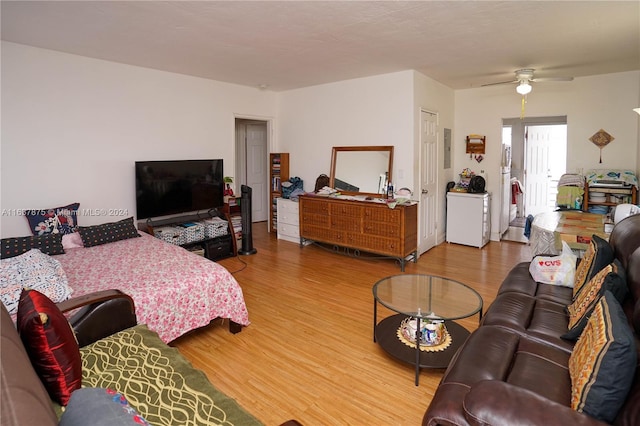 living room with ceiling fan and hardwood / wood-style flooring