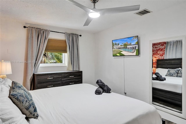 bedroom featuring a textured ceiling and ceiling fan