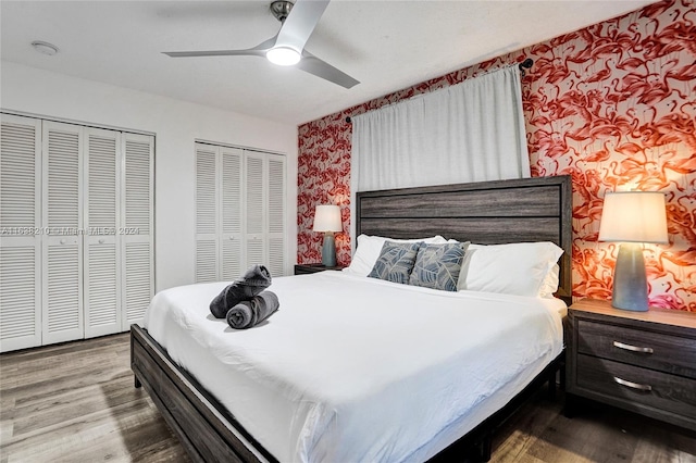 bedroom with two closets, ceiling fan, and hardwood / wood-style floors