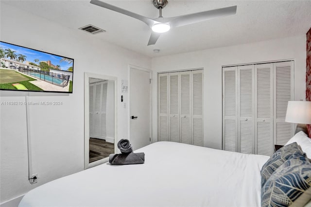 bedroom featuring multiple closets, ceiling fan, and wood-type flooring