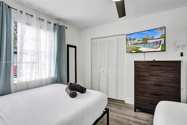 bedroom featuring multiple windows, light hardwood / wood-style flooring, a closet, and ceiling fan