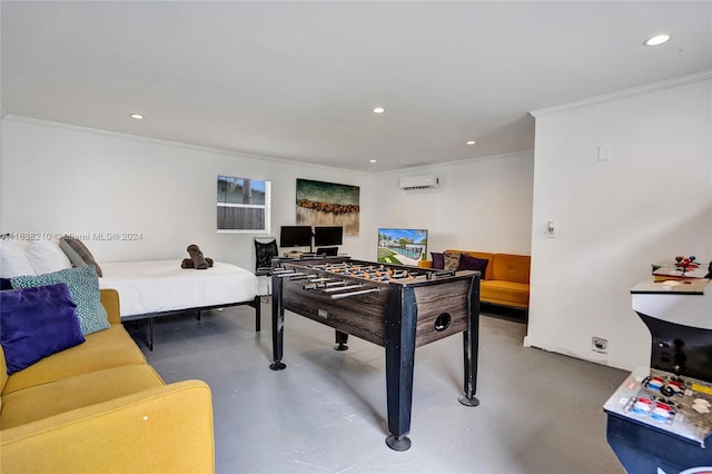 recreation room featuring crown molding, concrete flooring, and a wall mounted air conditioner