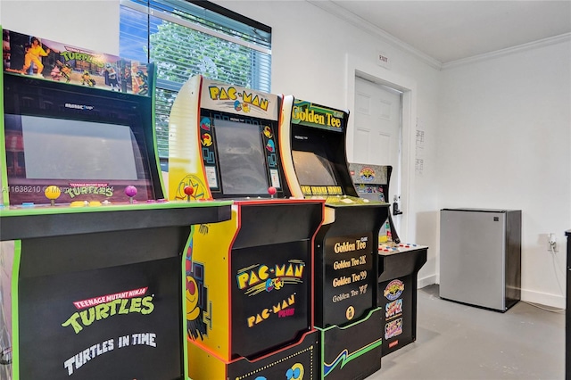 recreation room featuring crown molding