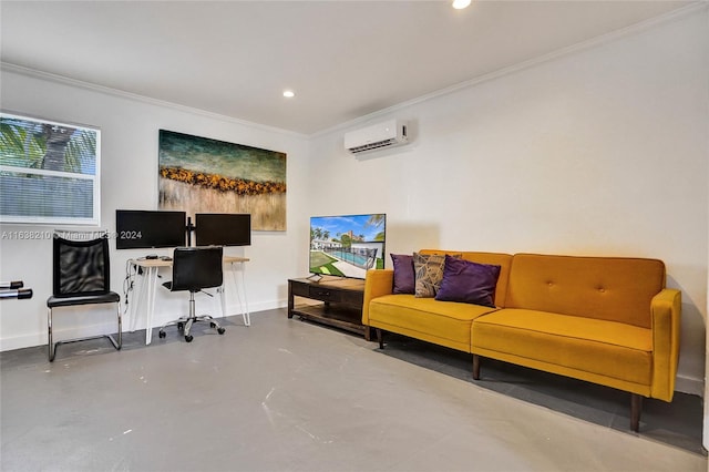 home office featuring crown molding, a wall mounted AC, and concrete flooring