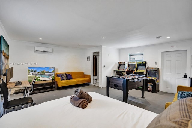 interior space featuring a wall mounted AC and crown molding