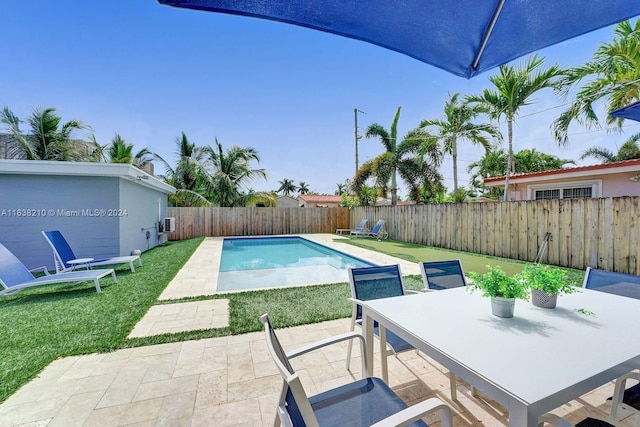 view of swimming pool featuring a patio and a lawn