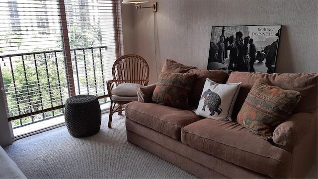 living area with carpet and a textured wall