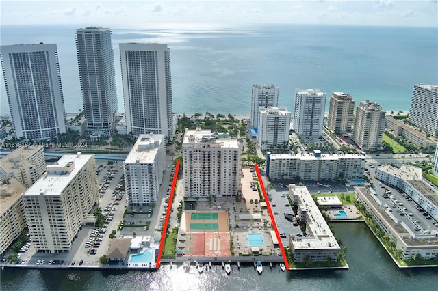 aerial view featuring a water view